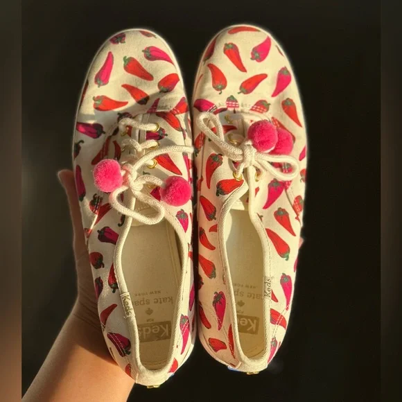 Keds x Kate Soade Women's White and Pink spicy Chili Pepper Sneakers Pom pom 7 - Picture 10 of 11